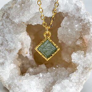 3/$20 14k Gold Olive Green Glitter Resin Diamond Handmade Pendant Necklace